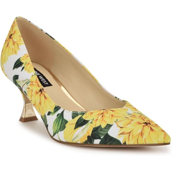 Nine West Womens Yellow Leather Closed Pointed Toe Kitten Heels Pumps Shoes - Picture 2 of 6